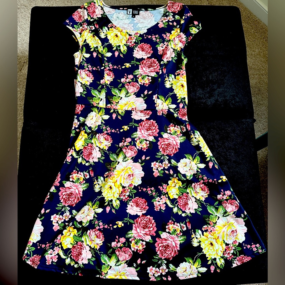 Vibe Sportswear Blue Floral Fit & Flare Dress